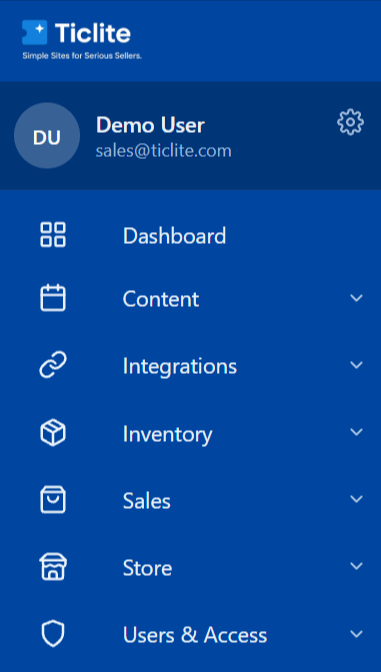 TicLite admin panel menu with dashboard, content, integrations, inventory, sales, store, and user access